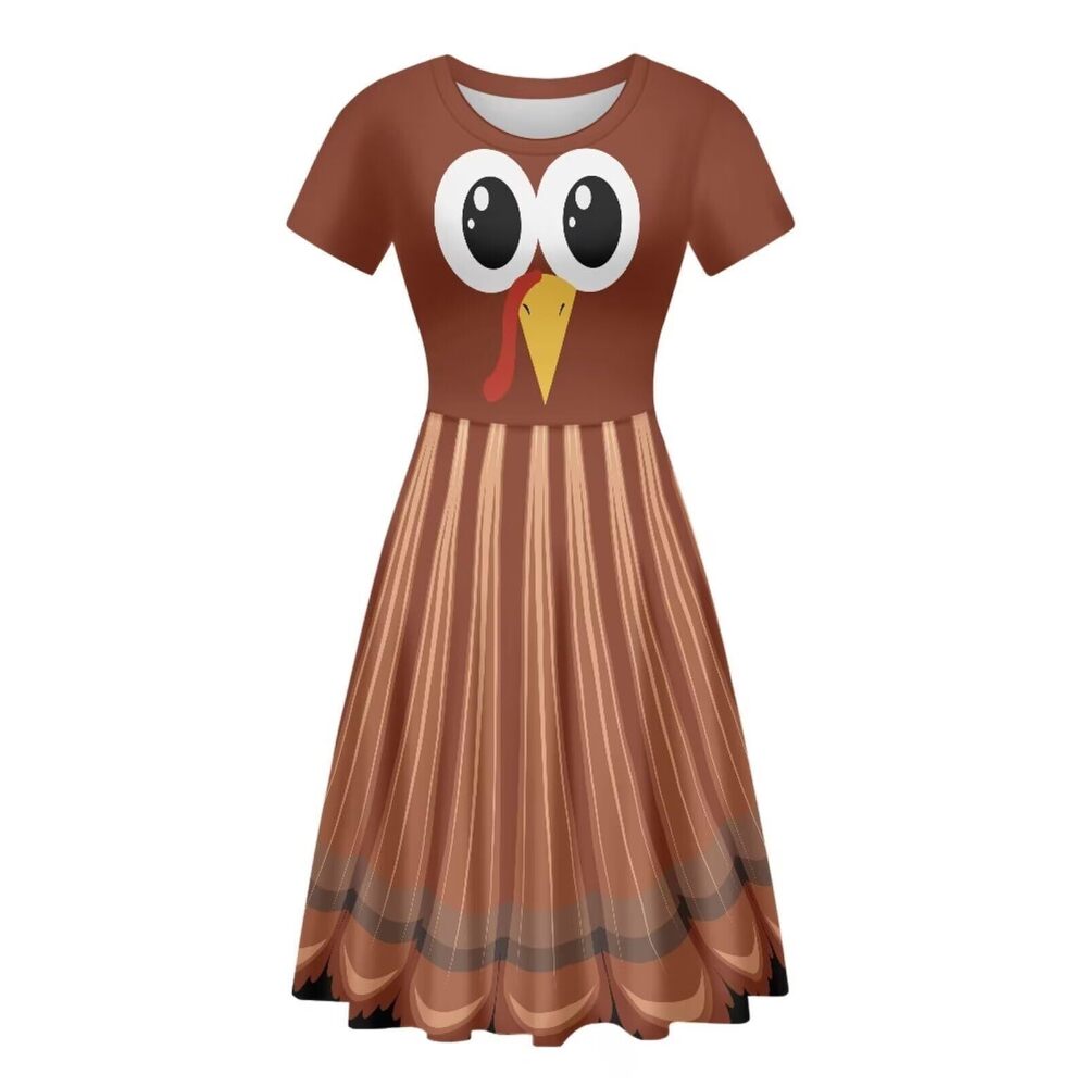 6594 Cute Turkey Dress Thanksgiving Dresses for Teachers Short Sleeve Midi